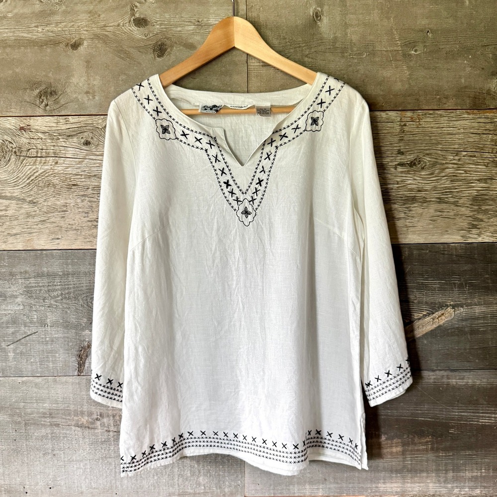 Richard Malcolm Embroidered Irish‎ Linen Top M White V-Neck Flowy Peasant Boho